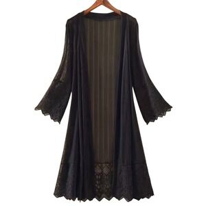 Black Sheer Ribbed Lace Trim Open Duster Cardigan Bell Sleeves Whimsigoth L